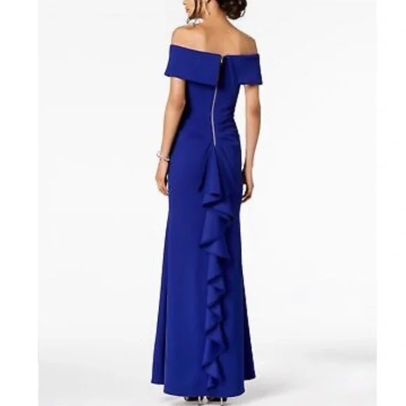 Betsy & Adam Womens Off Shoulder Ruffle Crepe Blue Size 4 Ball Gown